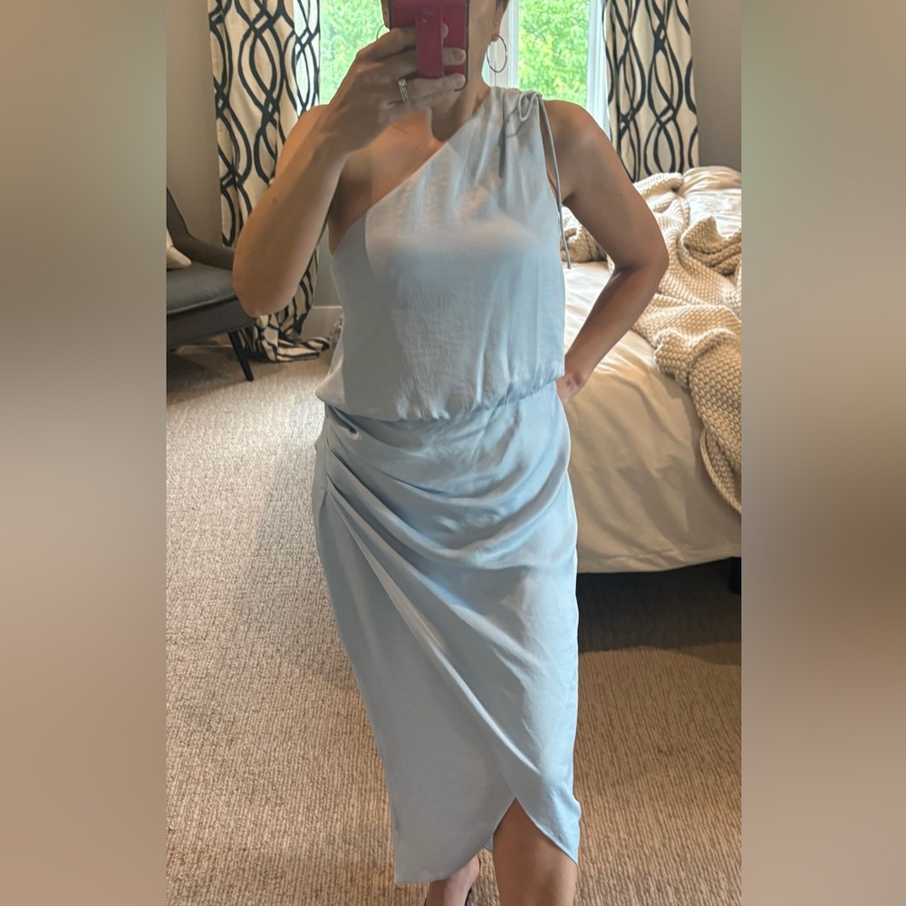 Steve Madden One-Shoulder Draped Light Blue Midi Dress